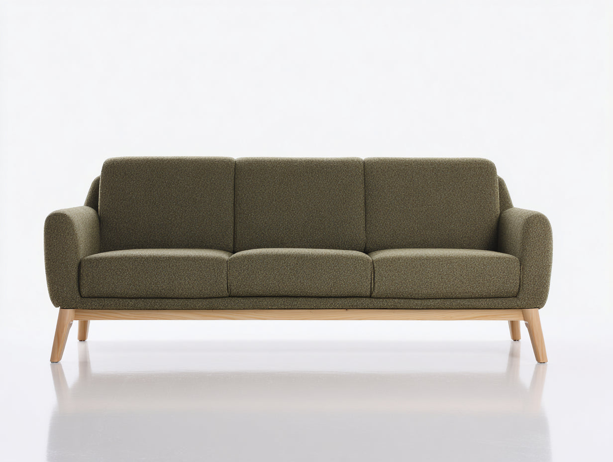 Canapé 3 places en tissu bouclé vert olive avec pieds en bois 210x85x82 cm pour salon style moderne