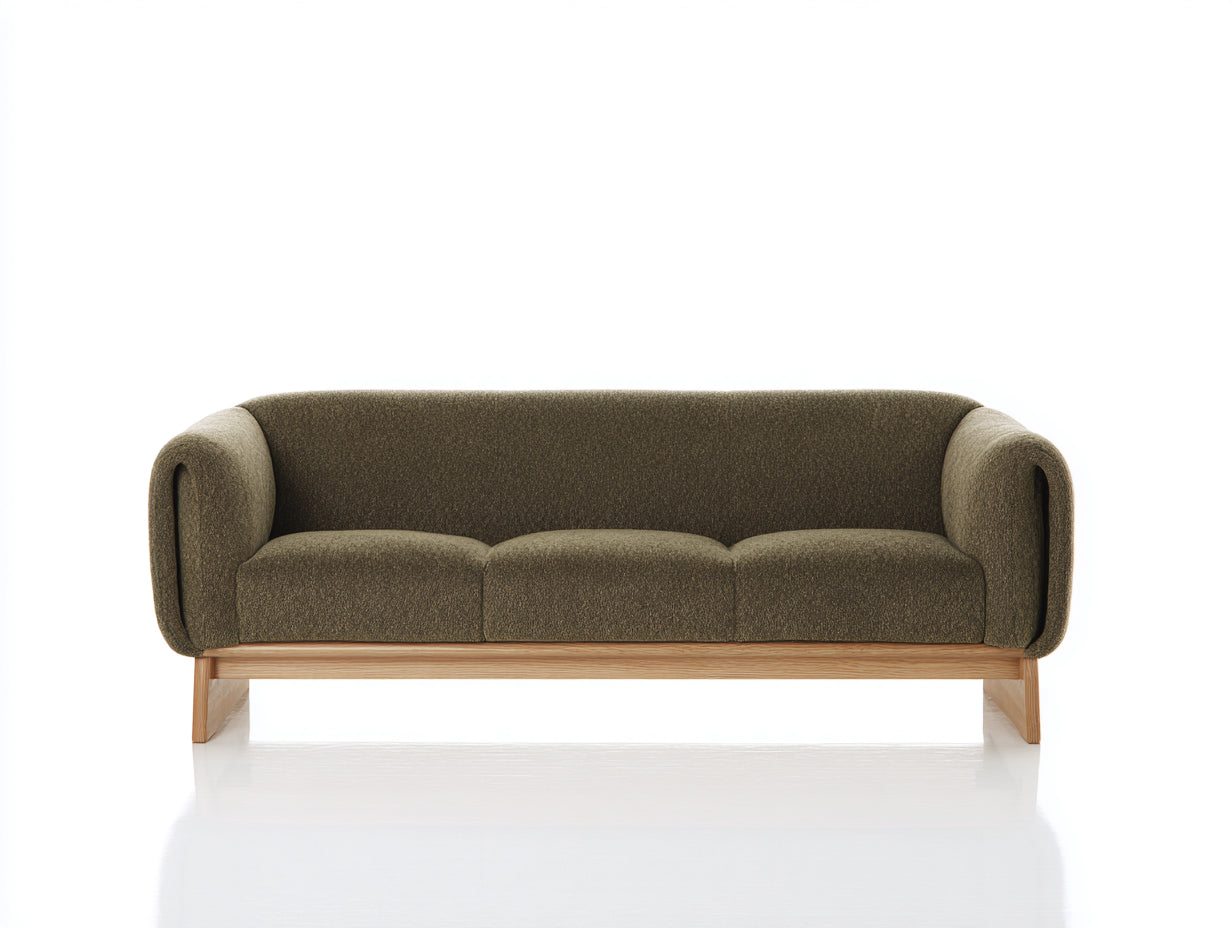 Canapé 3 places en tissu texturé 215x88x78 cm - vert olive et bois naturel - style moderne