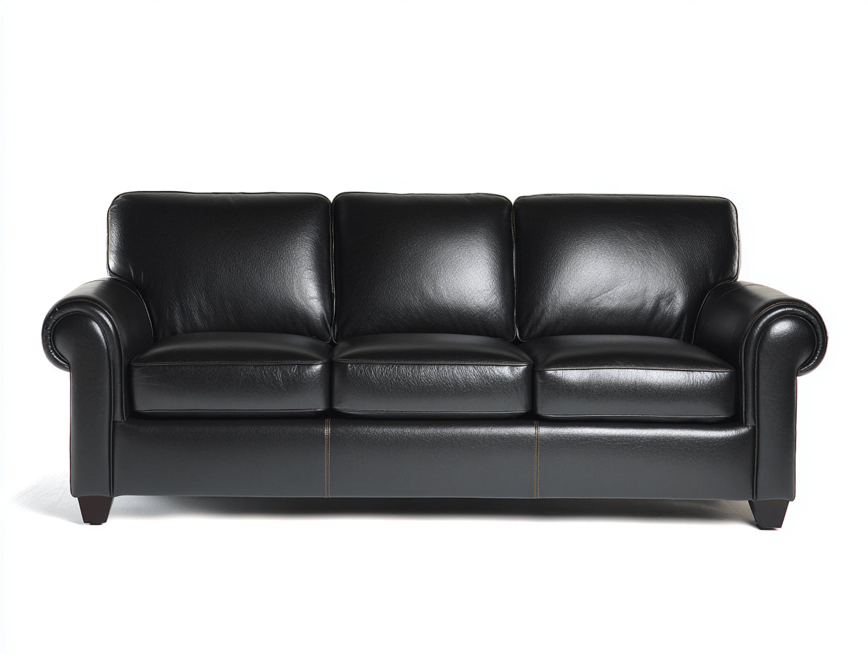 Canapé 3 places en revêtement effet cuir noir avec accoudoirs roulés 215x90x86 cm pour salon style classique