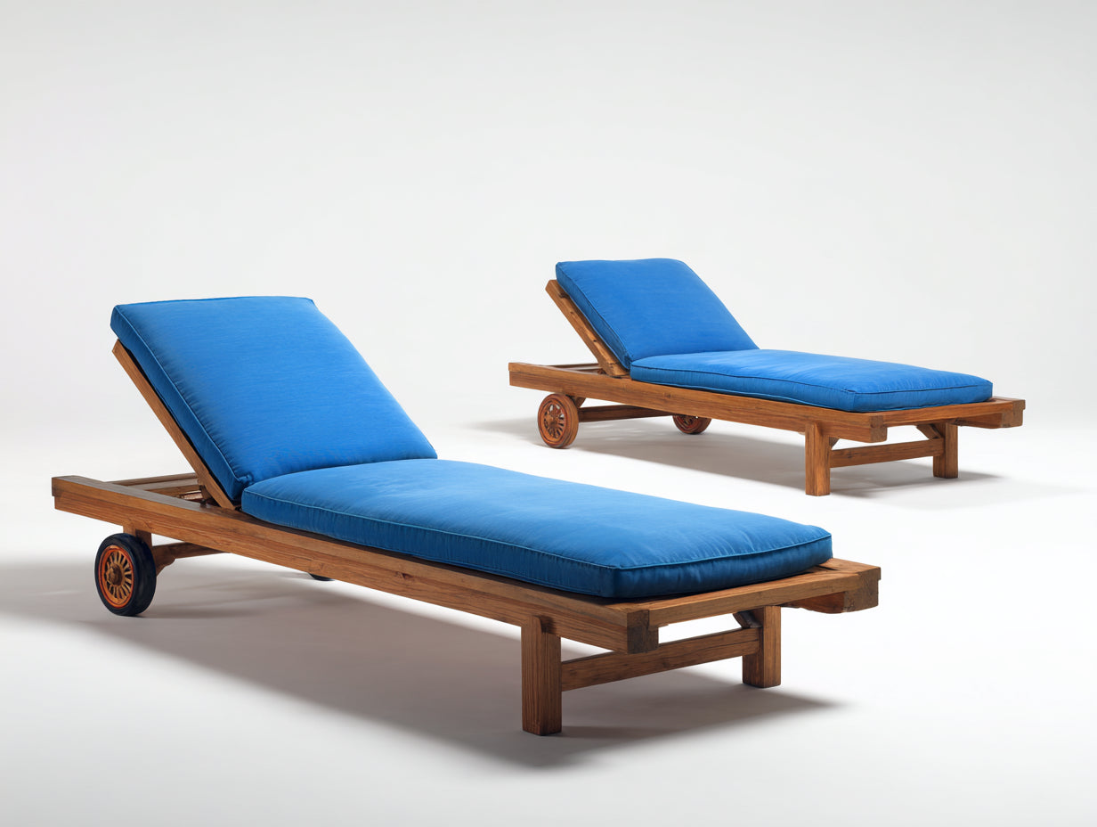 Bain de soleil lot de 2 en bois 200x70x82 cm - bleu et naturel - dossier réglable avec roues