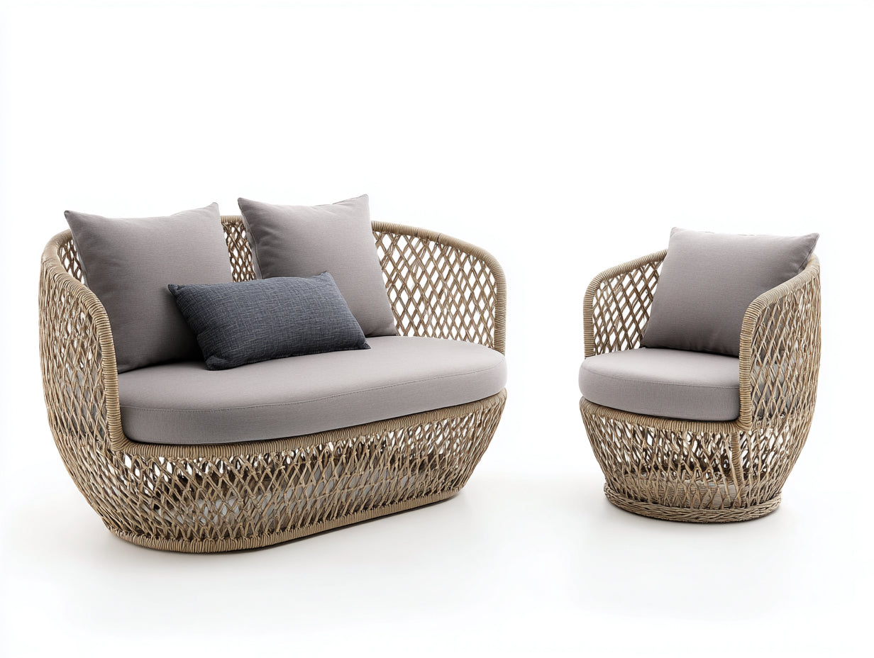 Canapé de jardin ensemble 2 pièces en rotin tressé naturel avec assise grise 150x82x78 cm pour terrasse style aérien