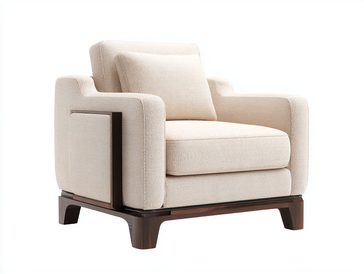 Fauteuil en tissu texturé 112x94x82 cm - beige et bois foncé - assise profonde contemporaine
