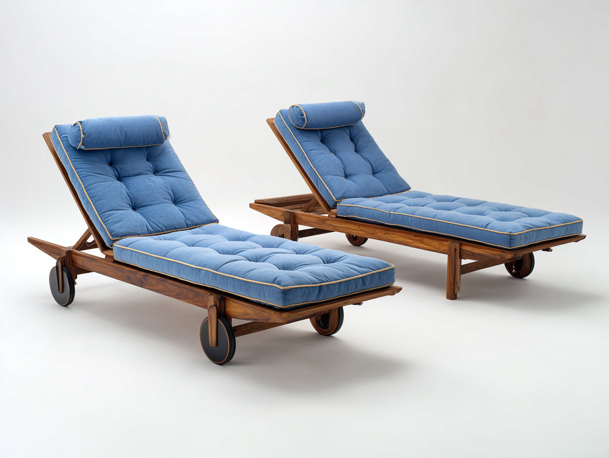 Bain de soleil lot de 2 en bois avec surface rembourrée bleue 200x70x88 cm pour jardin dossier inclinable