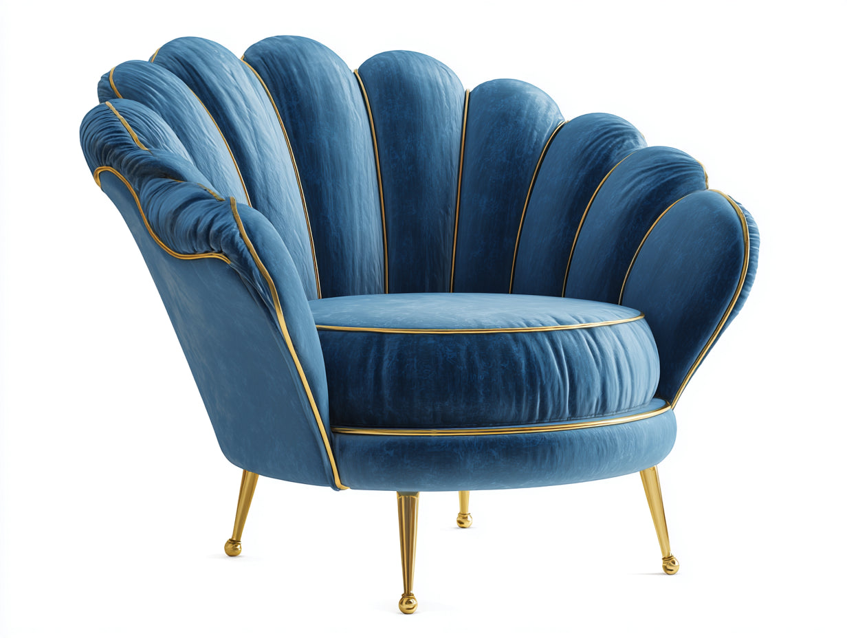 Fauteuil en velours bleu avec pieds dorés 110x85x88 cm pour salon style coquillage