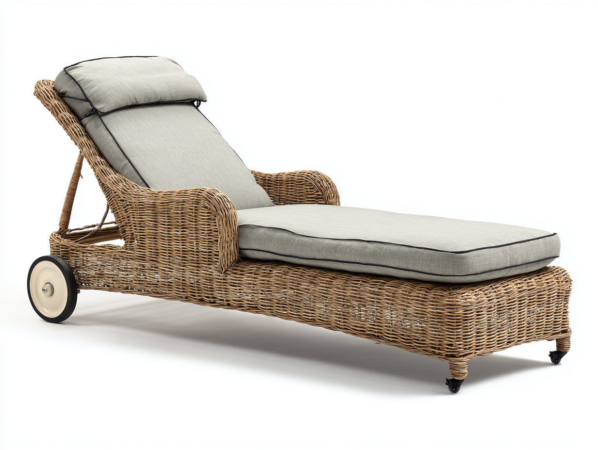 Bain de soleil en rotin tressé naturel avec assise rembourrée grise 200x75x85 cm pour jardin style classique
