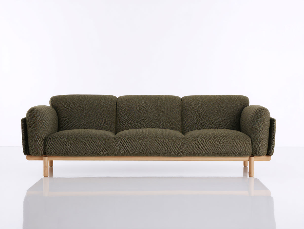Canapé 3 places en tissu texturé 220x88x76 cm - vert olive et bois naturel - style moderne