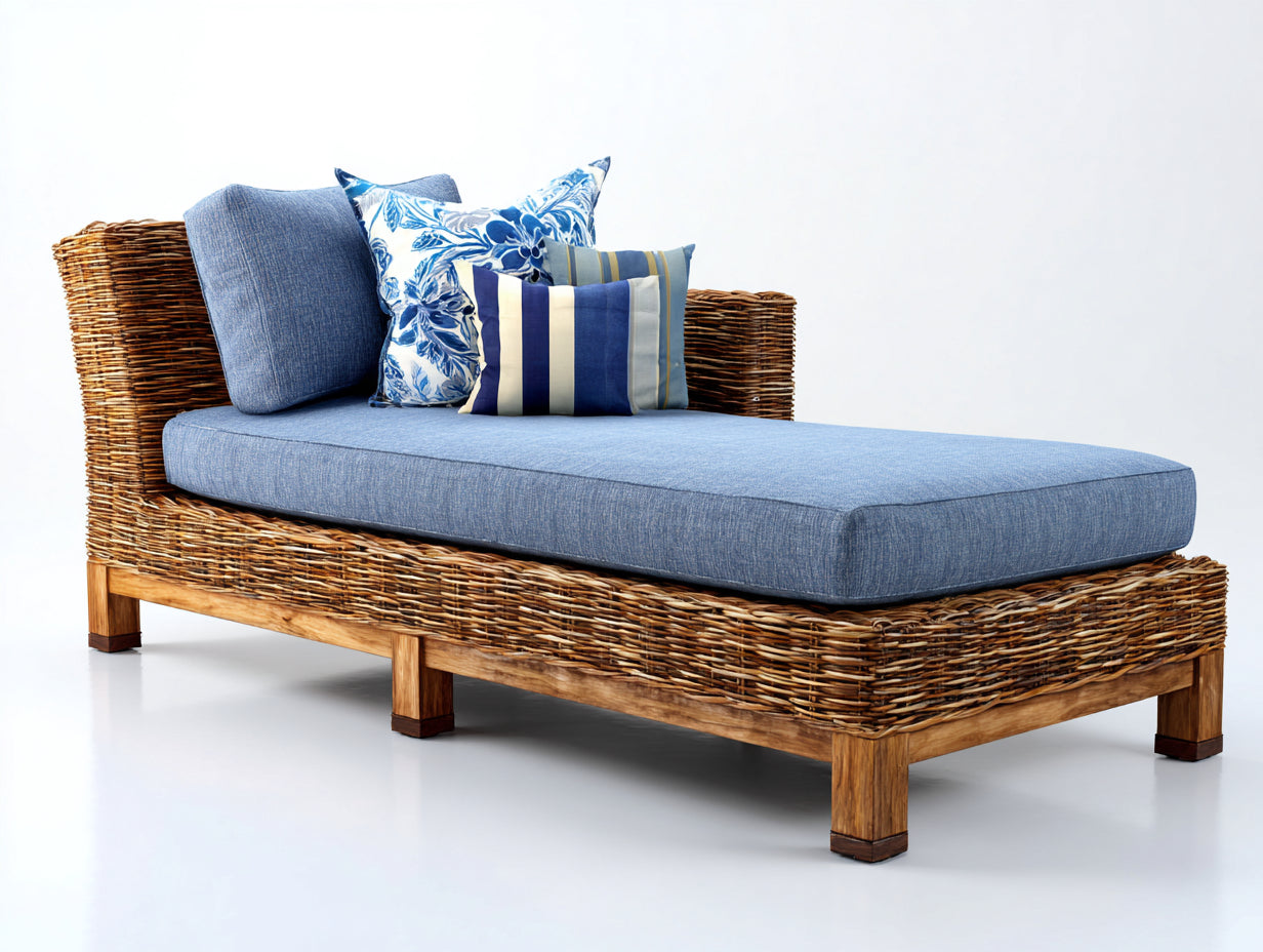 Bain de soleil en rotin tressé et bois 190x85x78 cm - bleu et naturel - style lounge pour jardin