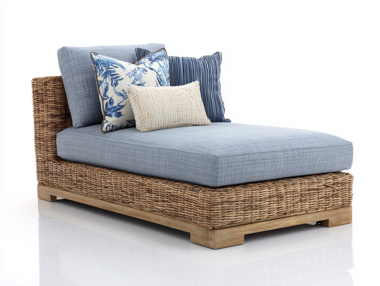 Bain de soleil en rotin tressé naturel avec assise rembourrée bleue 180x95x82 cm pour jardin style bord de piscine