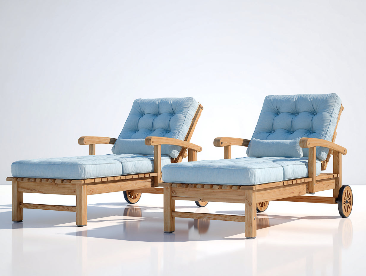 Bain de soleil lot de 2 en bois 200x68x95 cm - bleu clair et naturel - avec roues