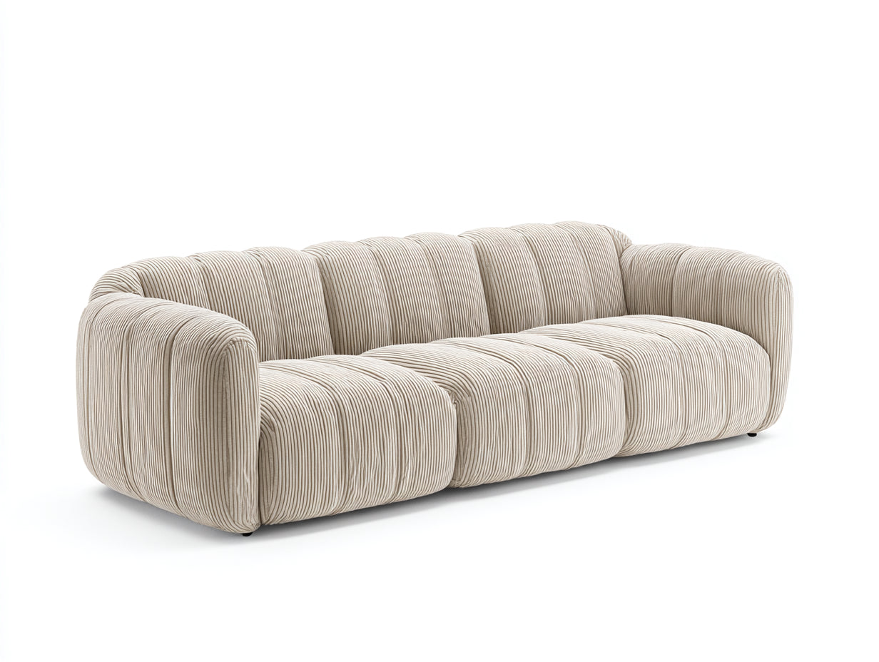 Canapé 3 places en tissu côtelé beige avec accoudoirs arrondis 230x95x72 cm pour salon style contemporain