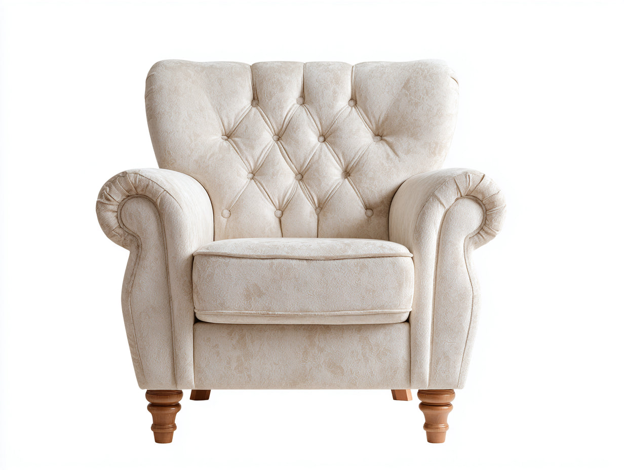 Fauteuil en tissu beige capitonné avec accoudoirs roulés et pieds en bois 105x92x100 cm pour salon style classique