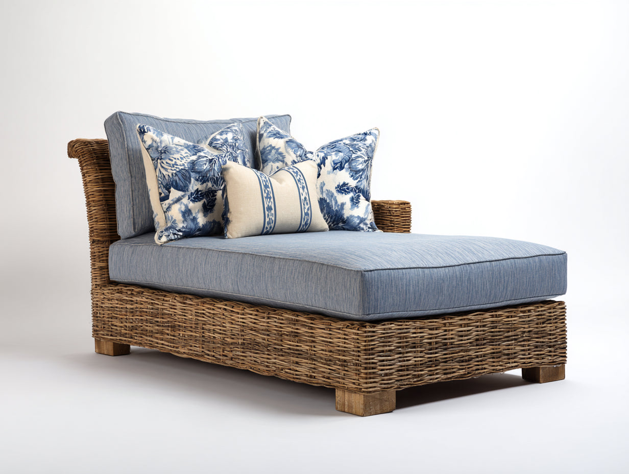 Bain de soleil en résine tressée 185x95x78 cm - bleu et naturel - style bord de mer