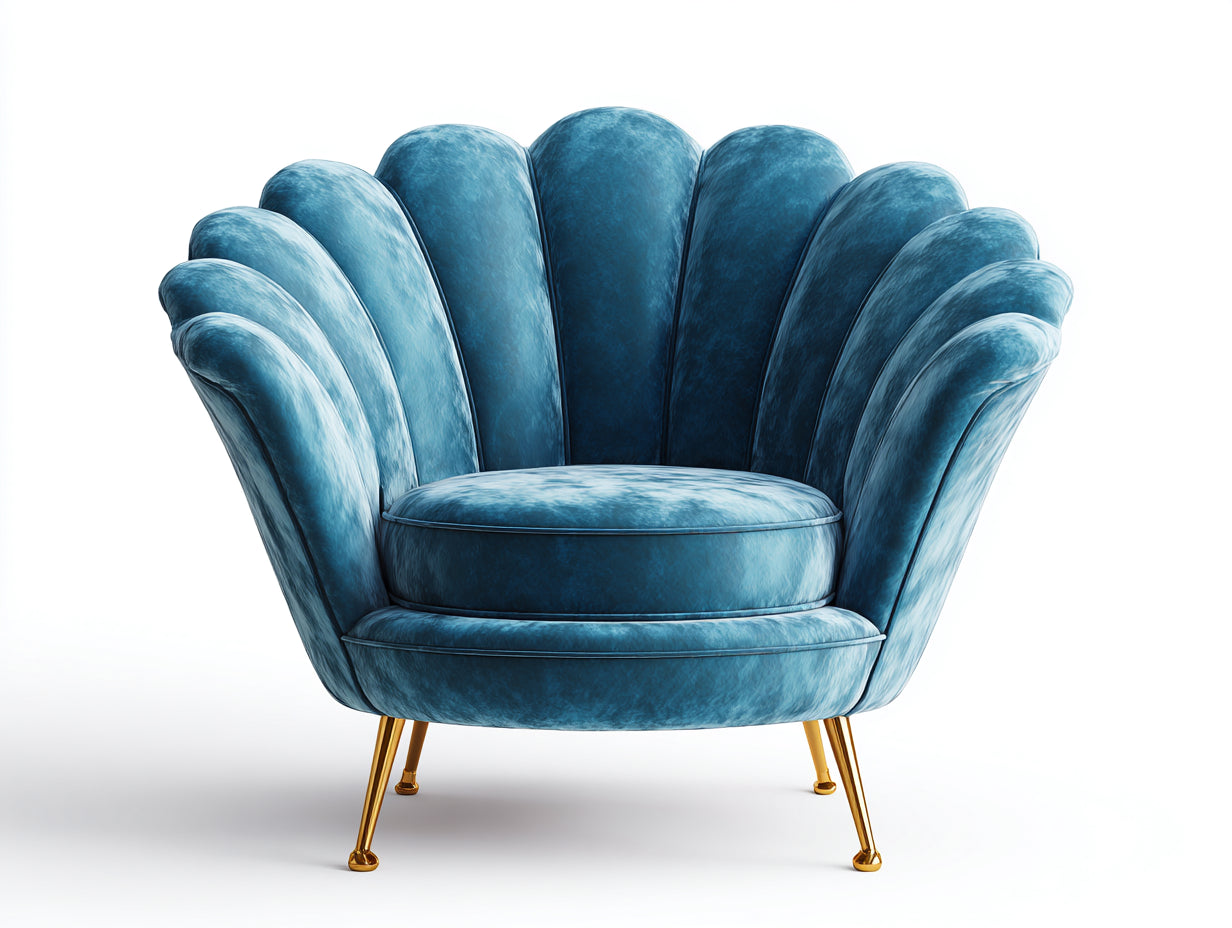 Fauteuil coquille en velours 105x86x88 cm - bleu avec pieds dorés - style glamour