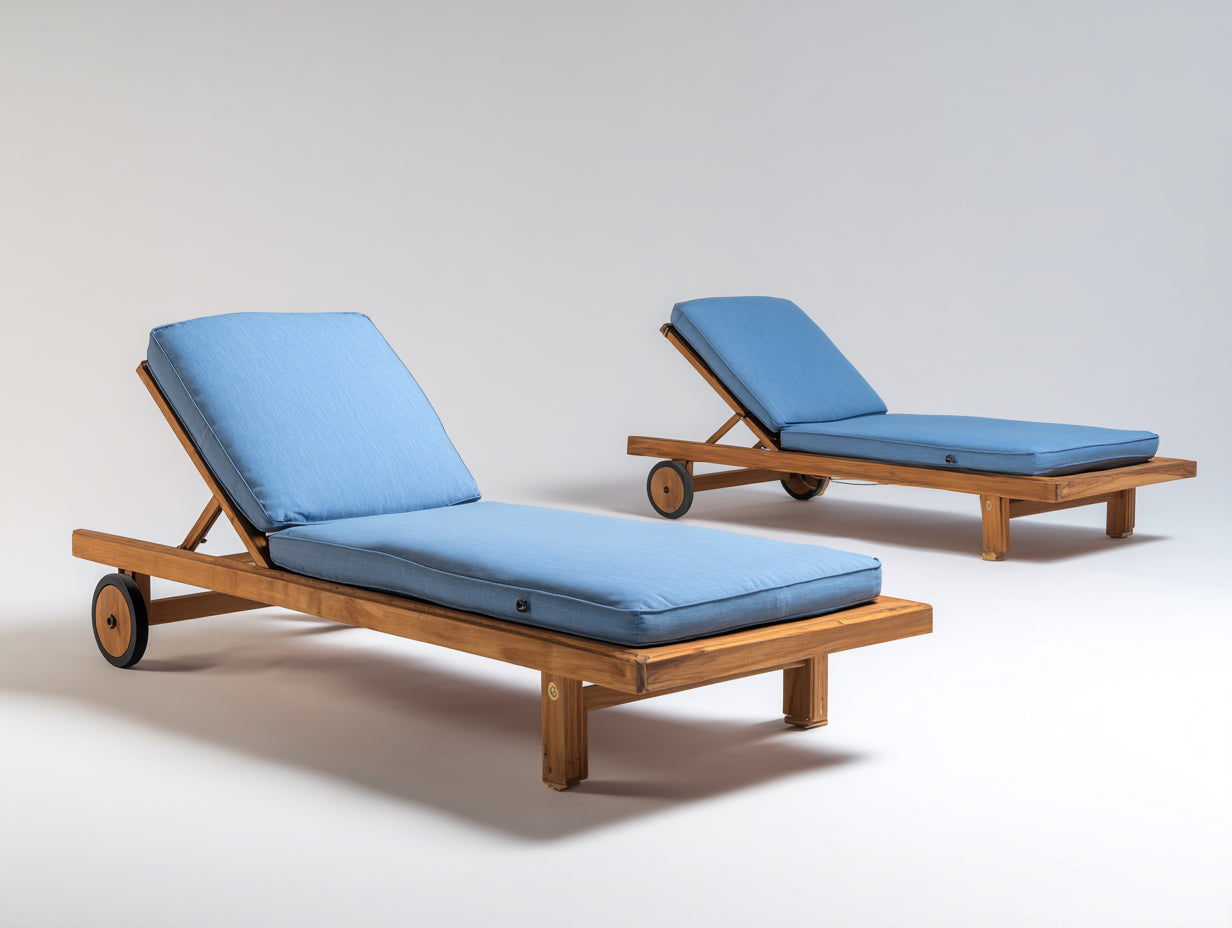 Bain de soleil lot de 2 en bois 200x75x90 cm - bleu et naturel - dossier réglable à roulettes