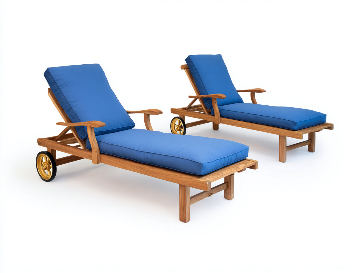Bain de soleil lot de 2 en bois avec surface rembourrée bleue 195x68x90 cm pour jardin dossier inclinable