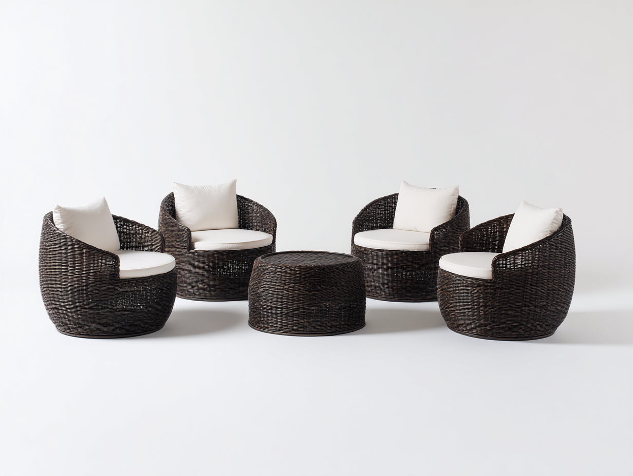 Canapé de jardin ensemble 5 pièces en rotin tressé 82x78x74 cm - brun foncé et crème - avec table ronde