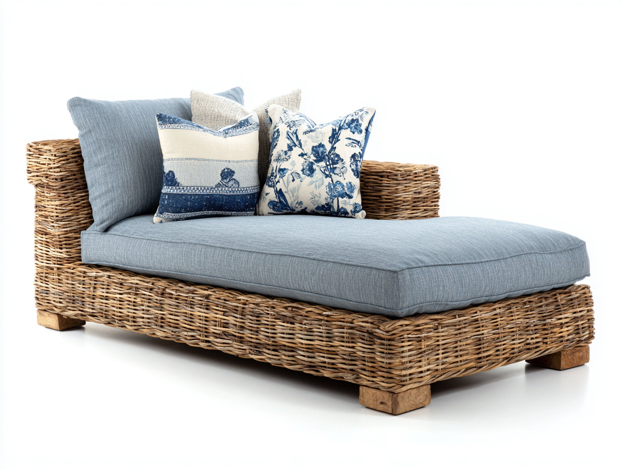 Bain de soleil en rotin tressé 190x90x78 cm - bleu clair et naturel - style bord de mer